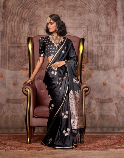 Black Satin Handloom Zari Weaving Silk Saree