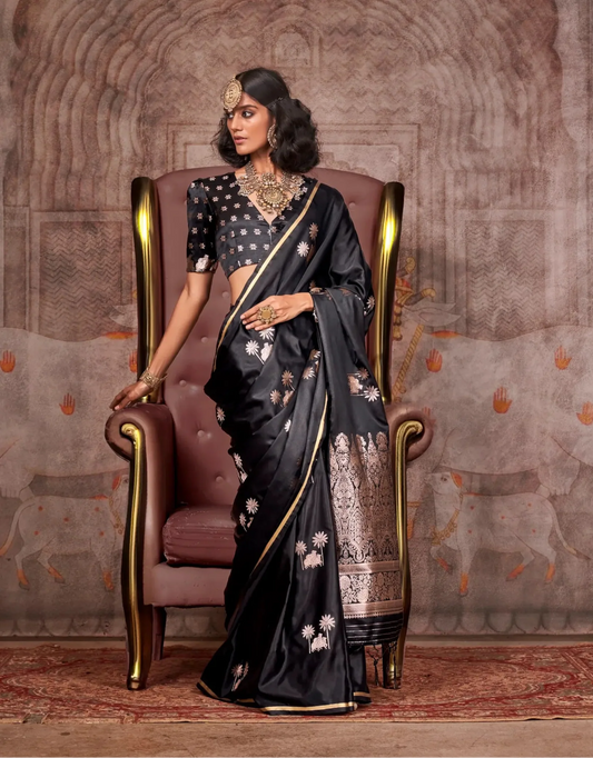 Black Satin Handloom Zari Weaving Silk Saree