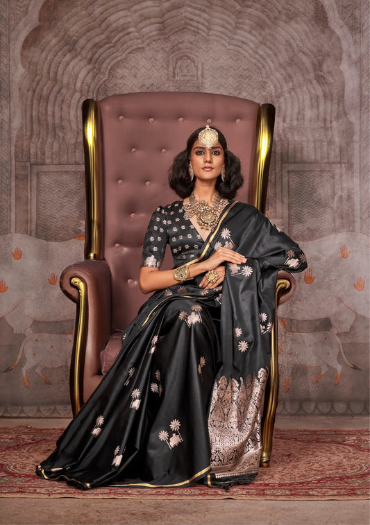 Black Satin Handloom Zari Weaving Silk Saree