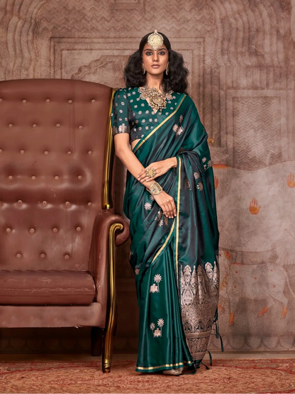 Dark Green Satin Handloom Zari Weaving Silk Saree