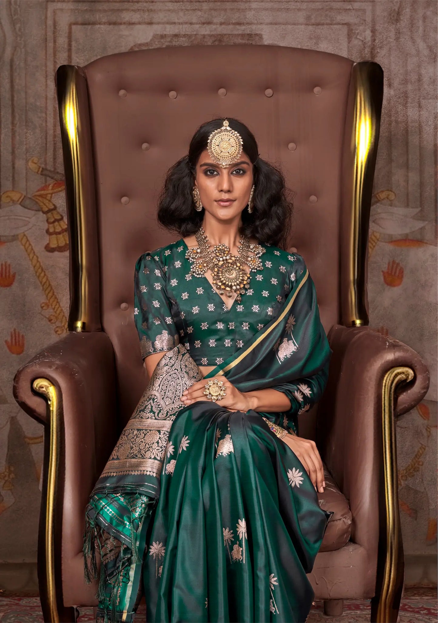 Dark Green Satin Handloom Zari Weaving Silk Saree