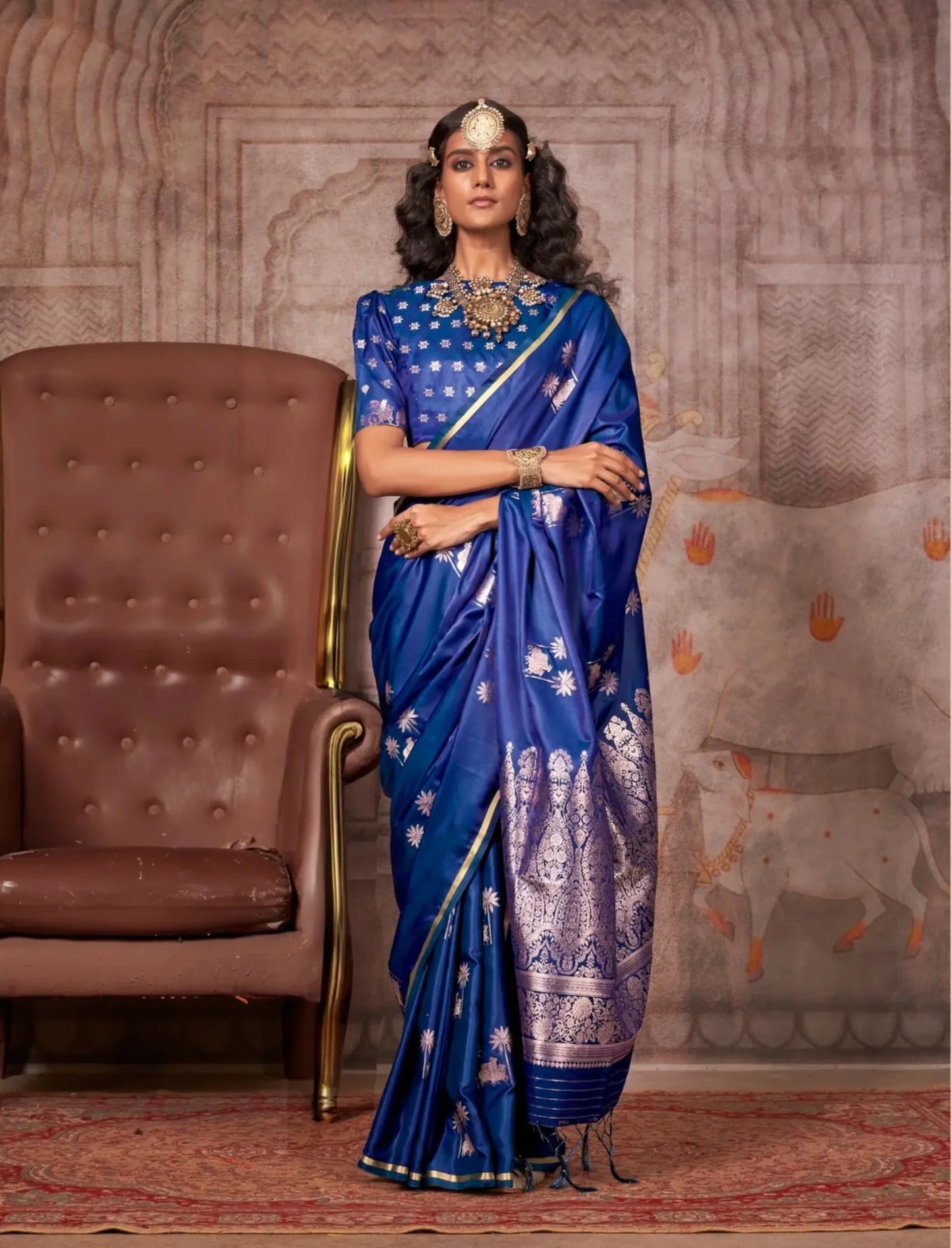 Blue Satin Handloom Zari Weaving Silk Saree