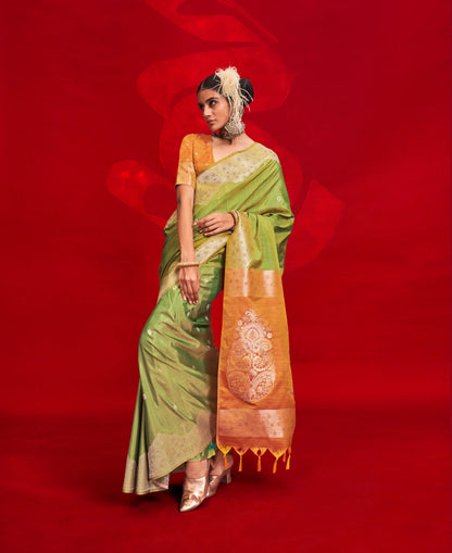 Olive Green Tussar Silk Zari Weaving saree