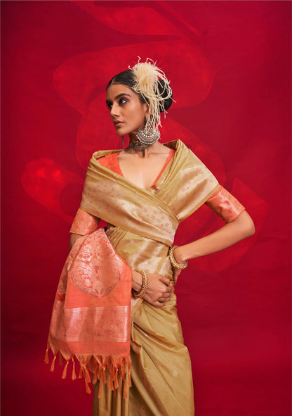 Sand Brown Tussar Silk Zari Weaving saree