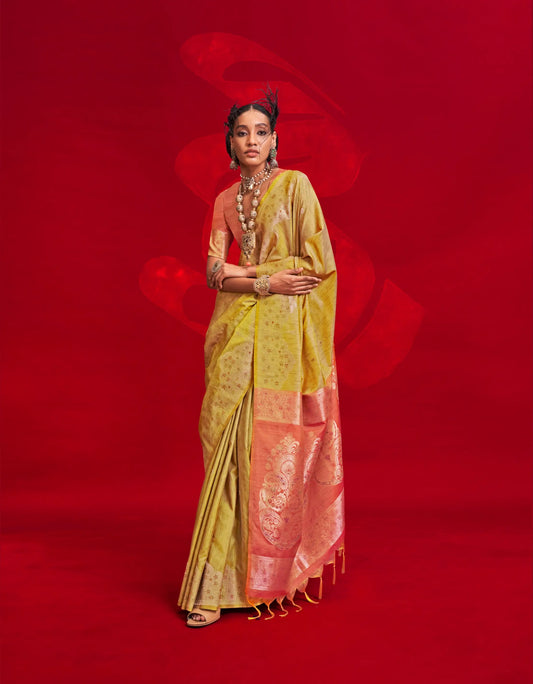 Yellow Tussar Silk Zari Weaving saree