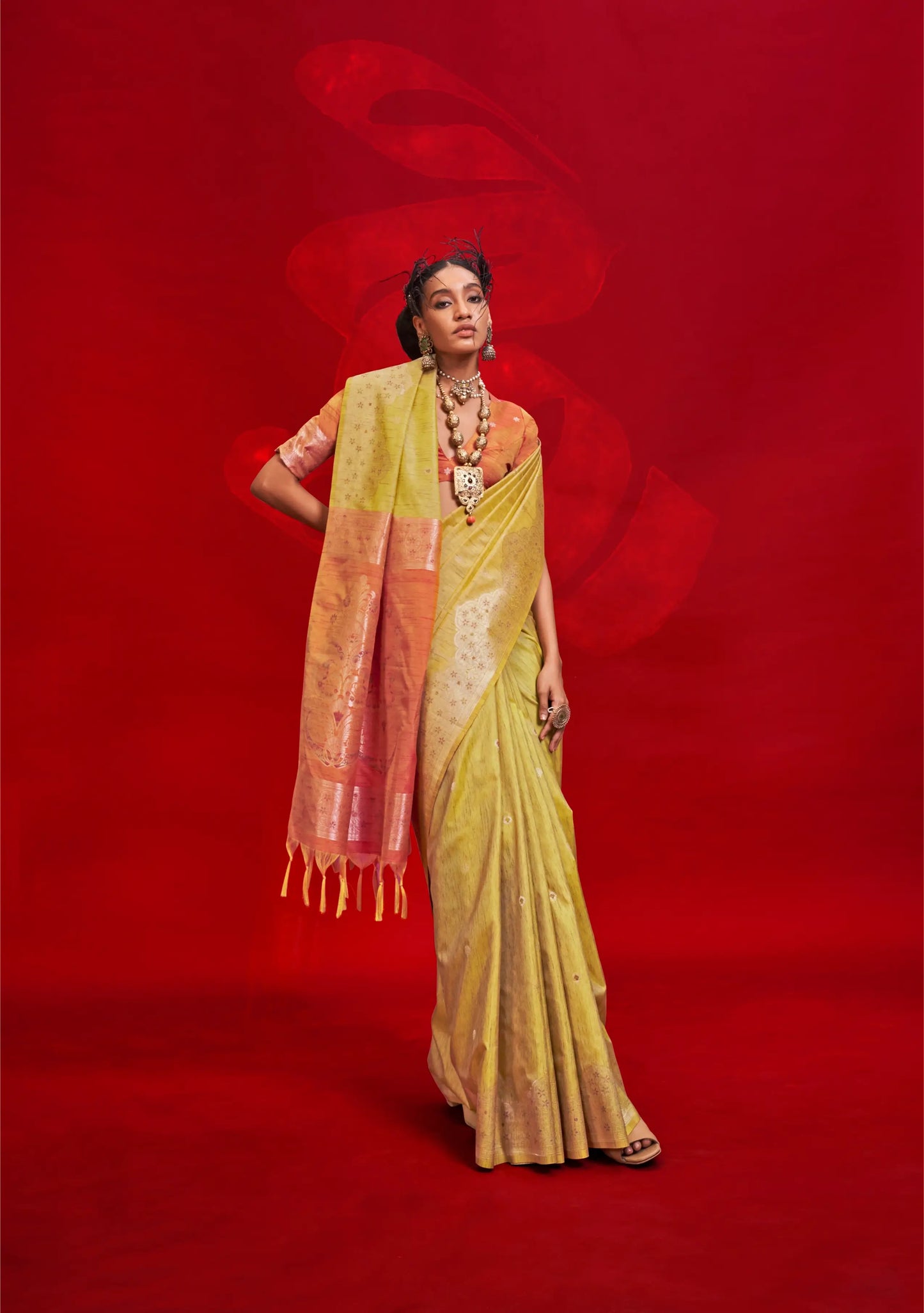 Yellow Tussar Silk Zari Weaving saree
