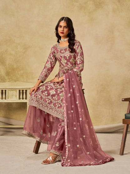 Brownish Pink Net Palazzo Suit With Sequins Embroidery