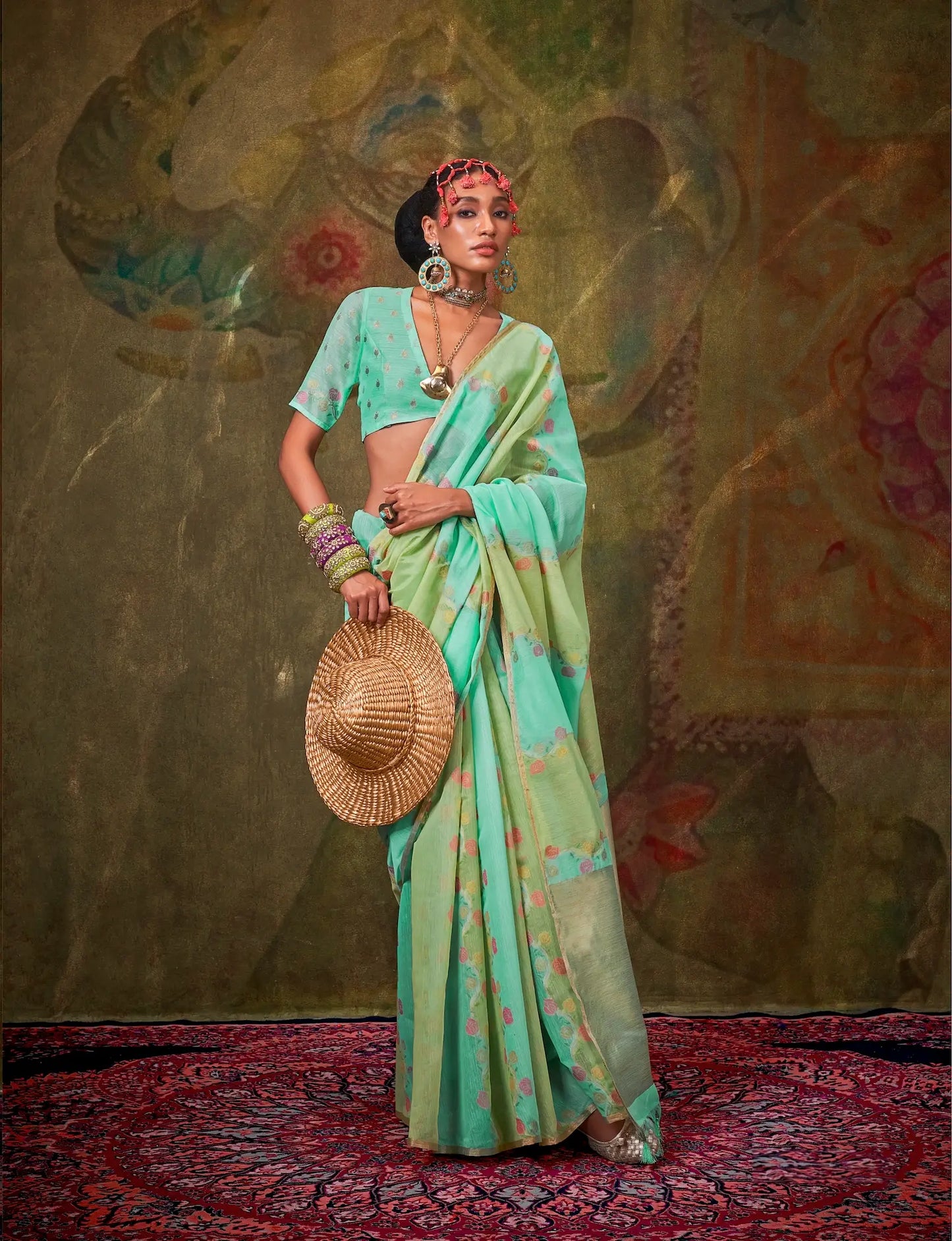 Sky Blue-Light Green Spun Rangkaat Weaving Handloom Silk Saree