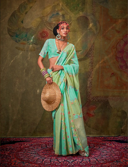 Sky Blue-Light Green Spun Rangkaat Weaving Handloom Silk Saree