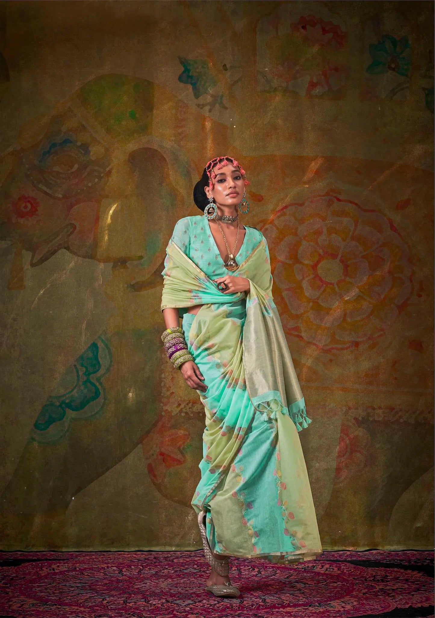 Sky Blue-Light Green Spun Rangkaat Weaving Handloom Silk Saree