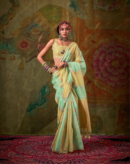 Yellow-Light Green Spun Rangkaat Weaving Handloom Silk Saree