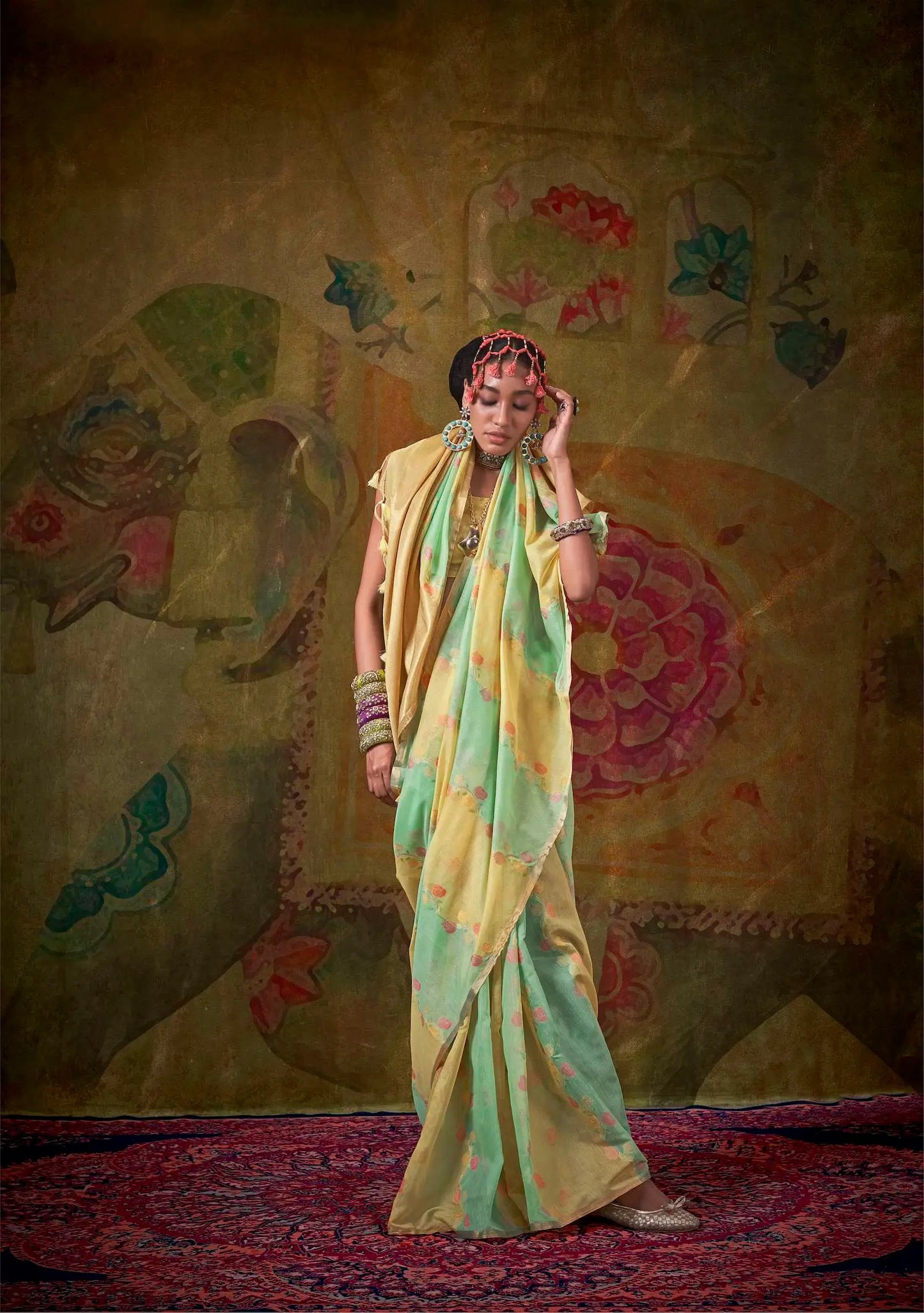 Yellow-Light Green Spun Rangkaat Weaving Handloom Silk Saree