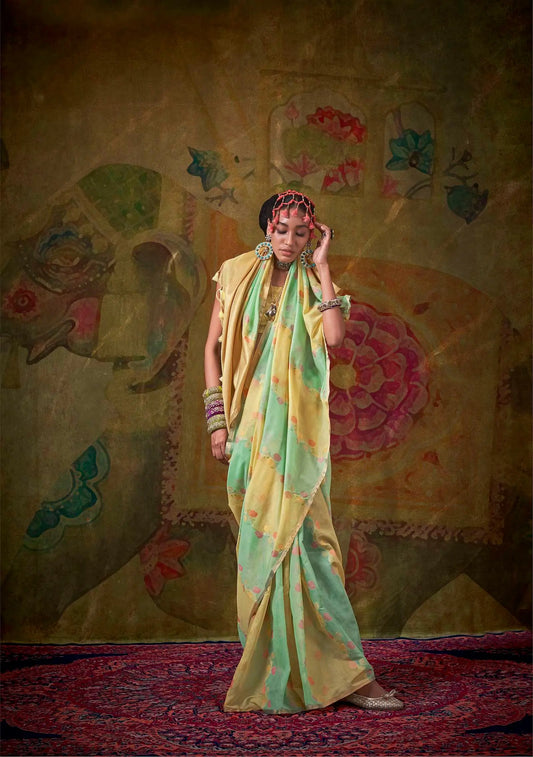 Yellow-Light Green Spun Rangkaat Weaving Handloom Silk Saree