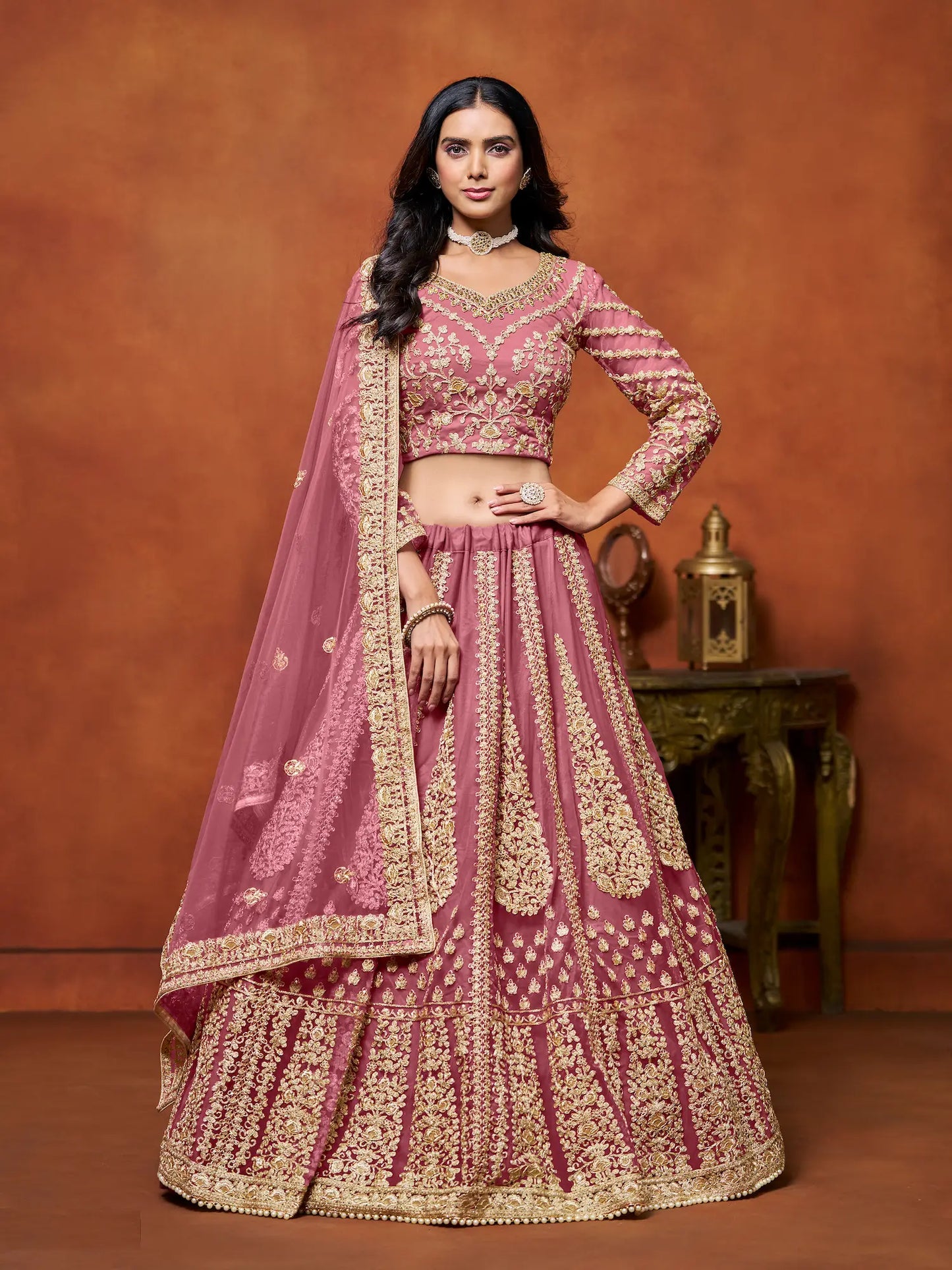 Light Pink Net Lehenga Choli With Thread & Sequence Embroidery Work