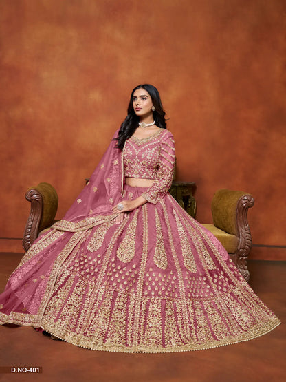Light Pink Net Lehenga Choli With Thread & Sequence Embroidery Work