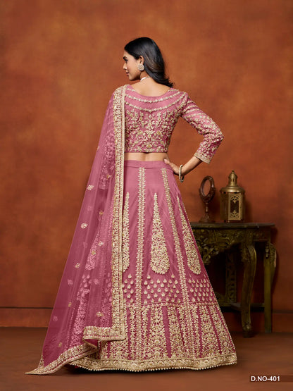 Light Pink Net Lehenga Choli With Thread & Sequence Embroidery Work