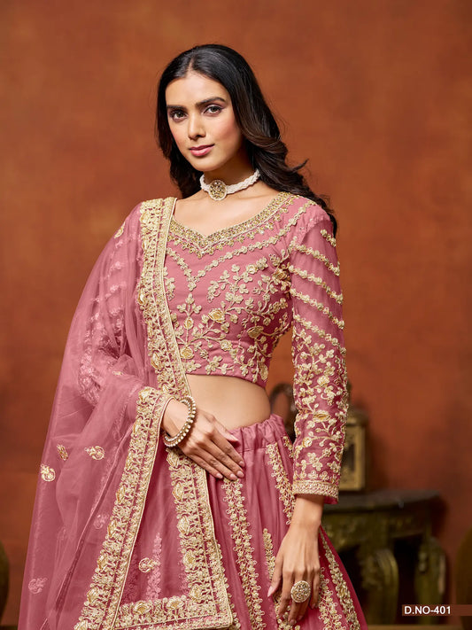 Light Pink Net Lehenga Choli With Thread & Sequence Embroidery Work