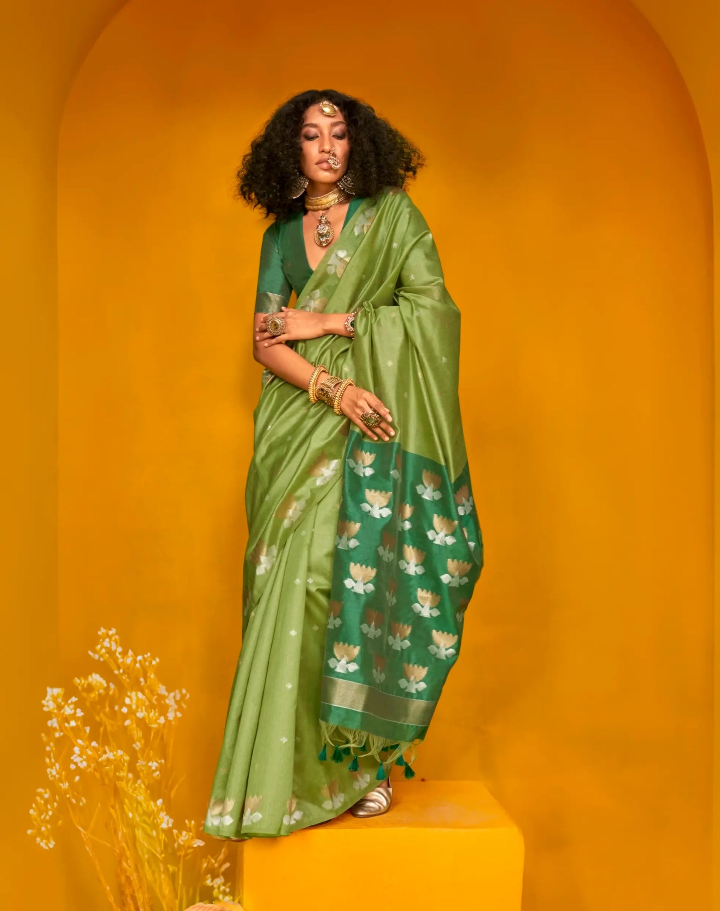 Parrot Green Tussar Silk Zari Weaving Work Saree