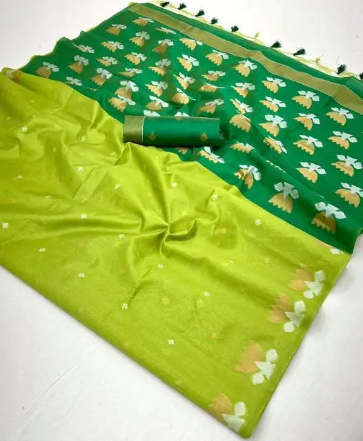 Parrot Green Tussar Silk Zari Weaving Work Saree