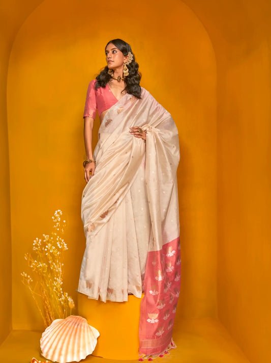 Beige Tussar Silk Zari Weaving Work Saree