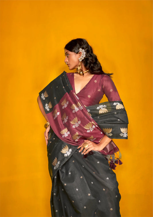 Black Tussar Silk Zari Weaving Work Saree