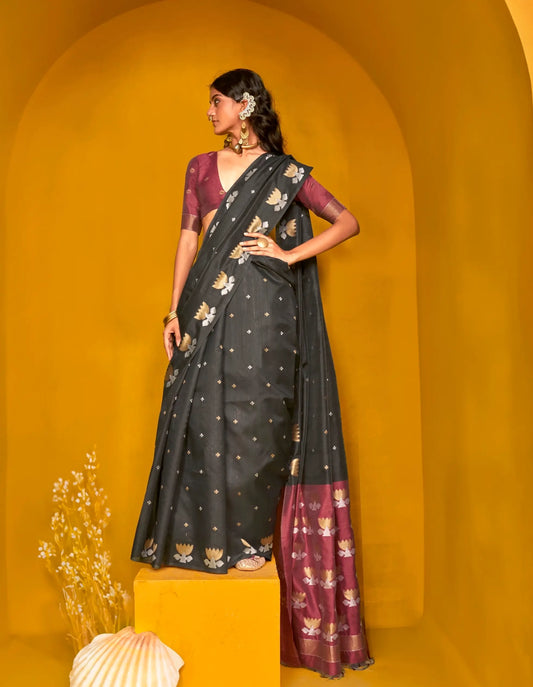 Black Tussar Silk Zari Weaving Work Saree