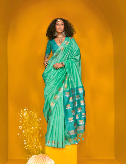 Aqua Blue Tussar Silk Zari Weaving Work Saree