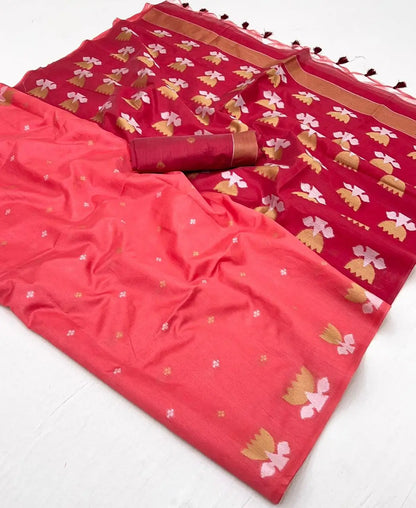 Peach Tussar Silk Zari Weaving Work Saree