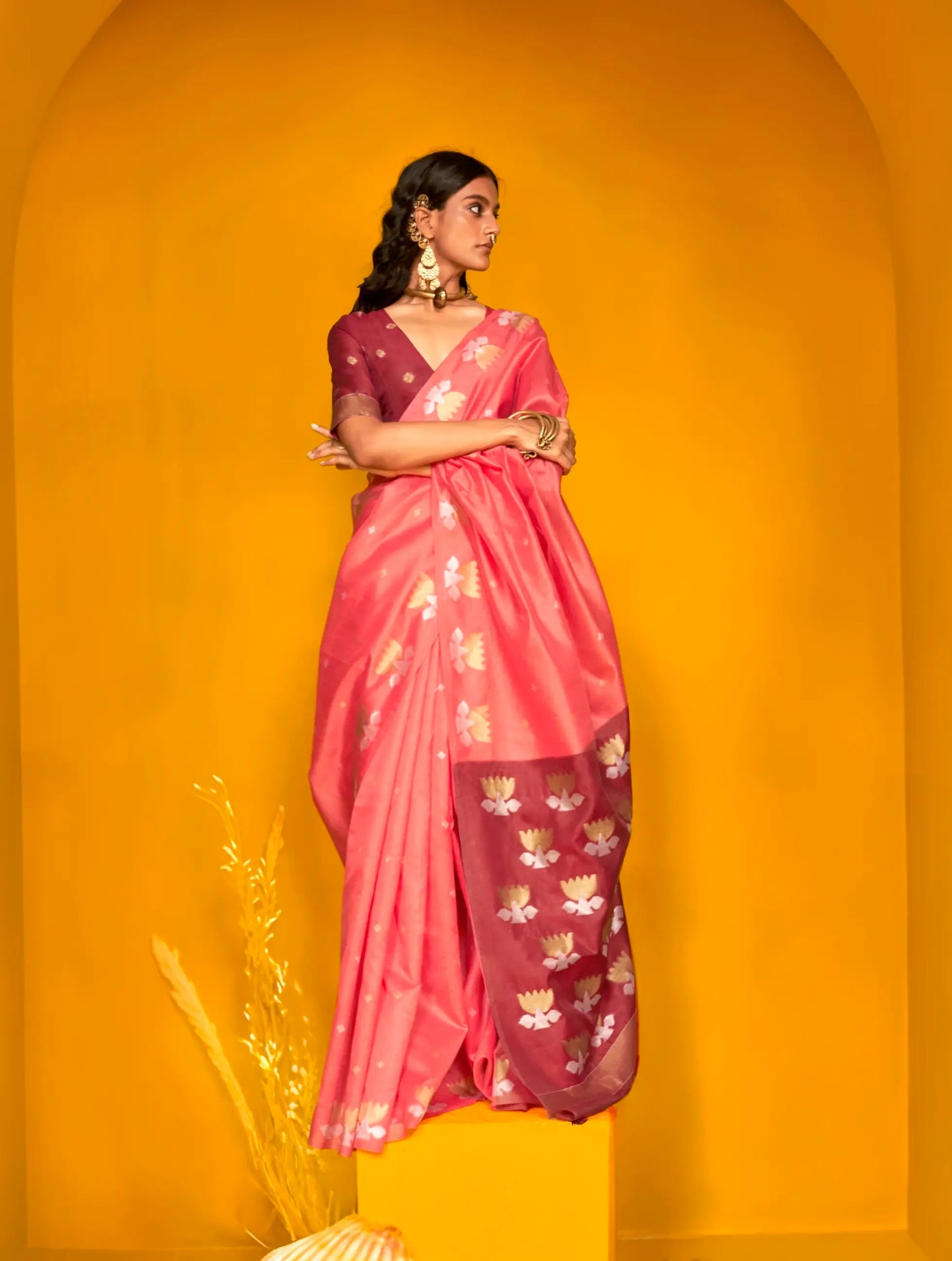 Peach Tussar Silk Zari Weaving Work Saree
