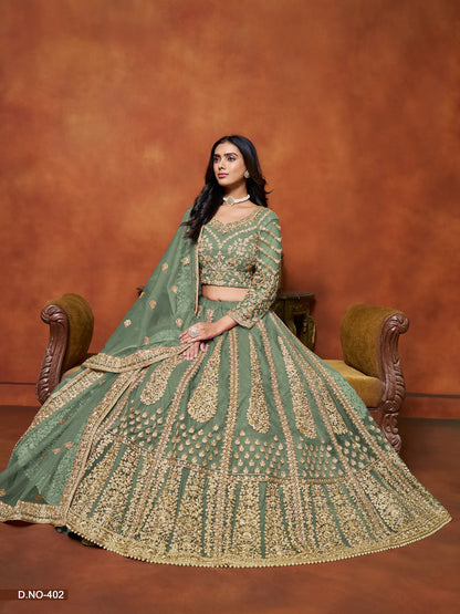 Pista Green Net Lehenga Choli With Thread & Sequence Embroidery Work