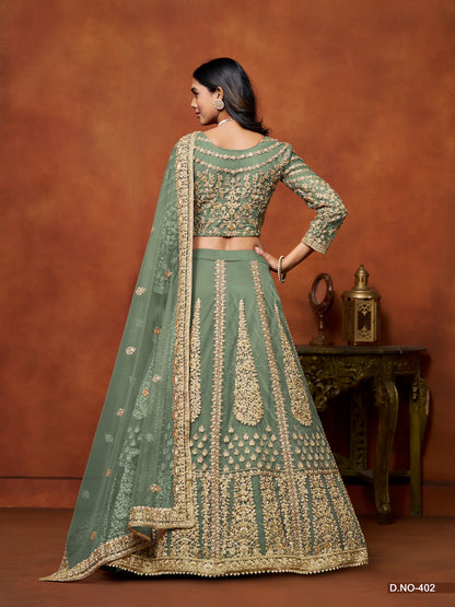 Pista Green Net Lehenga Choli With Thread & Sequence Embroidery Work