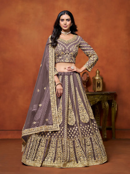 Dusty Grey Net Lehenga Choli With Thread & Sequence Embroidery Work