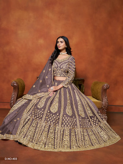 Dusty Grey Net Lehenga Choli With Thread & Sequence Embroidery Work