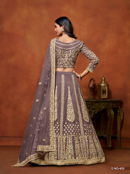 Dusty Grey Net Lehenga Choli With Thread & Sequence Embroidery Work