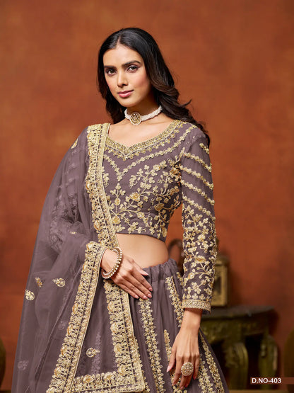 Dusty Grey Net Lehenga Choli With Thread & Sequence Embroidery Work
