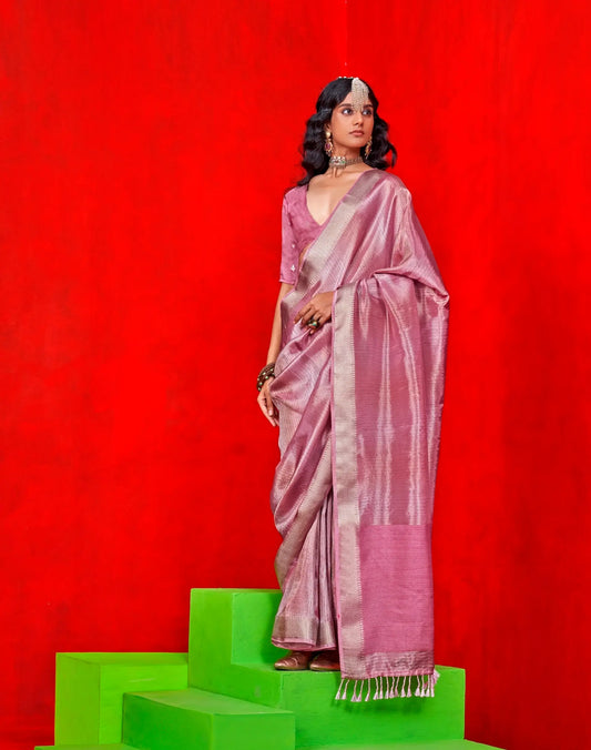 Light Pink Viscose Tissue Zari Weaving Work Saree