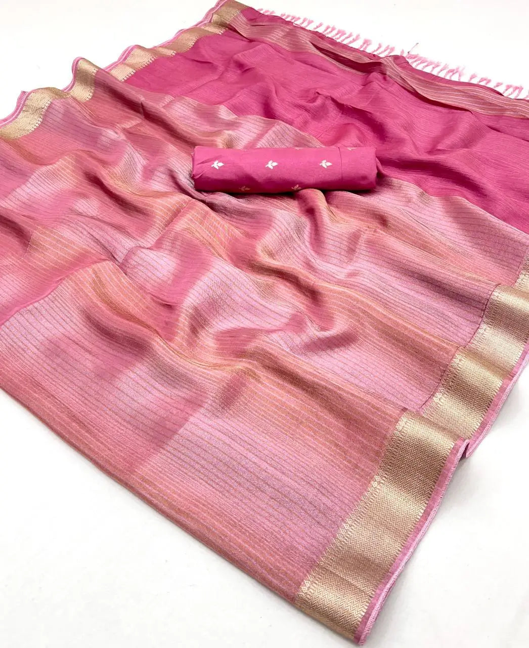 Light Pink Viscose Tissue Zari Weaving Work Saree