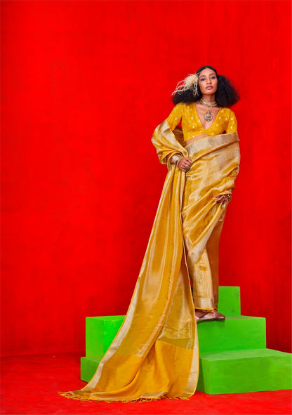Yellow Viscose Tissue Zari Weaving Work Saree