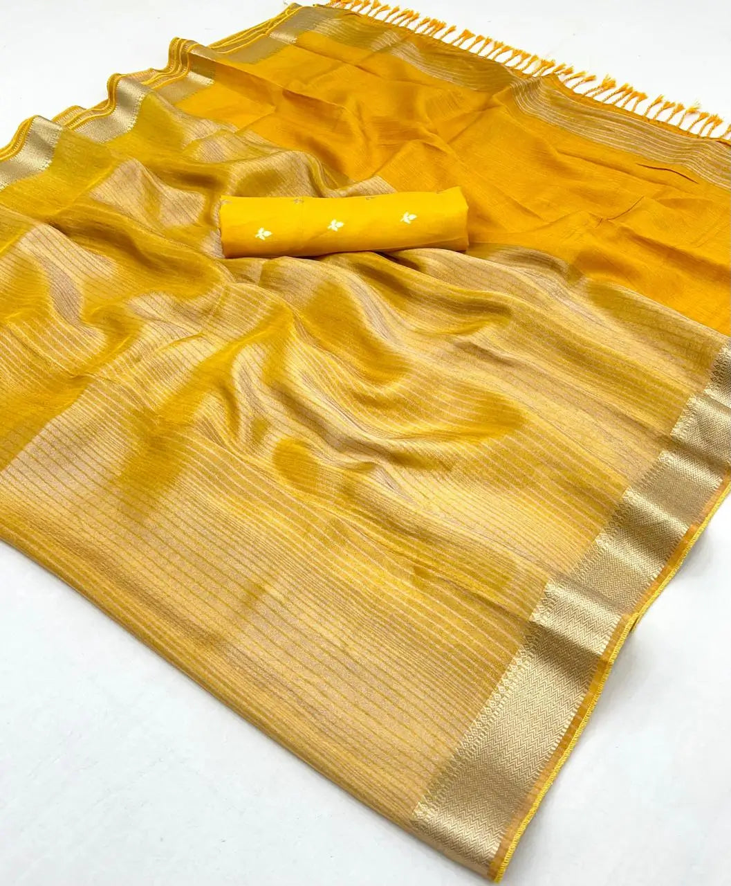 Yellow Viscose Tissue Zari Weaving Work Saree