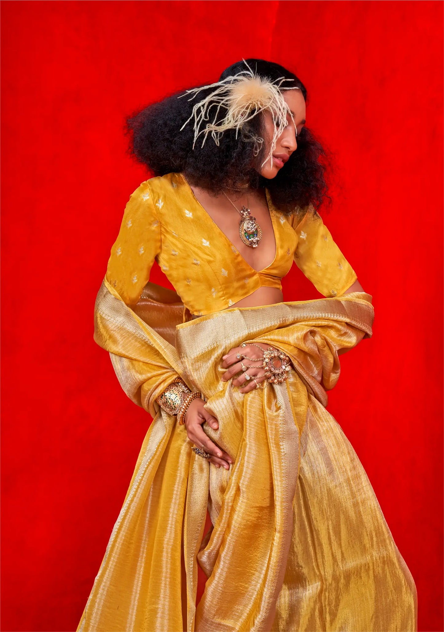 Yellow Viscose Tissue Zari Weaving Work Saree