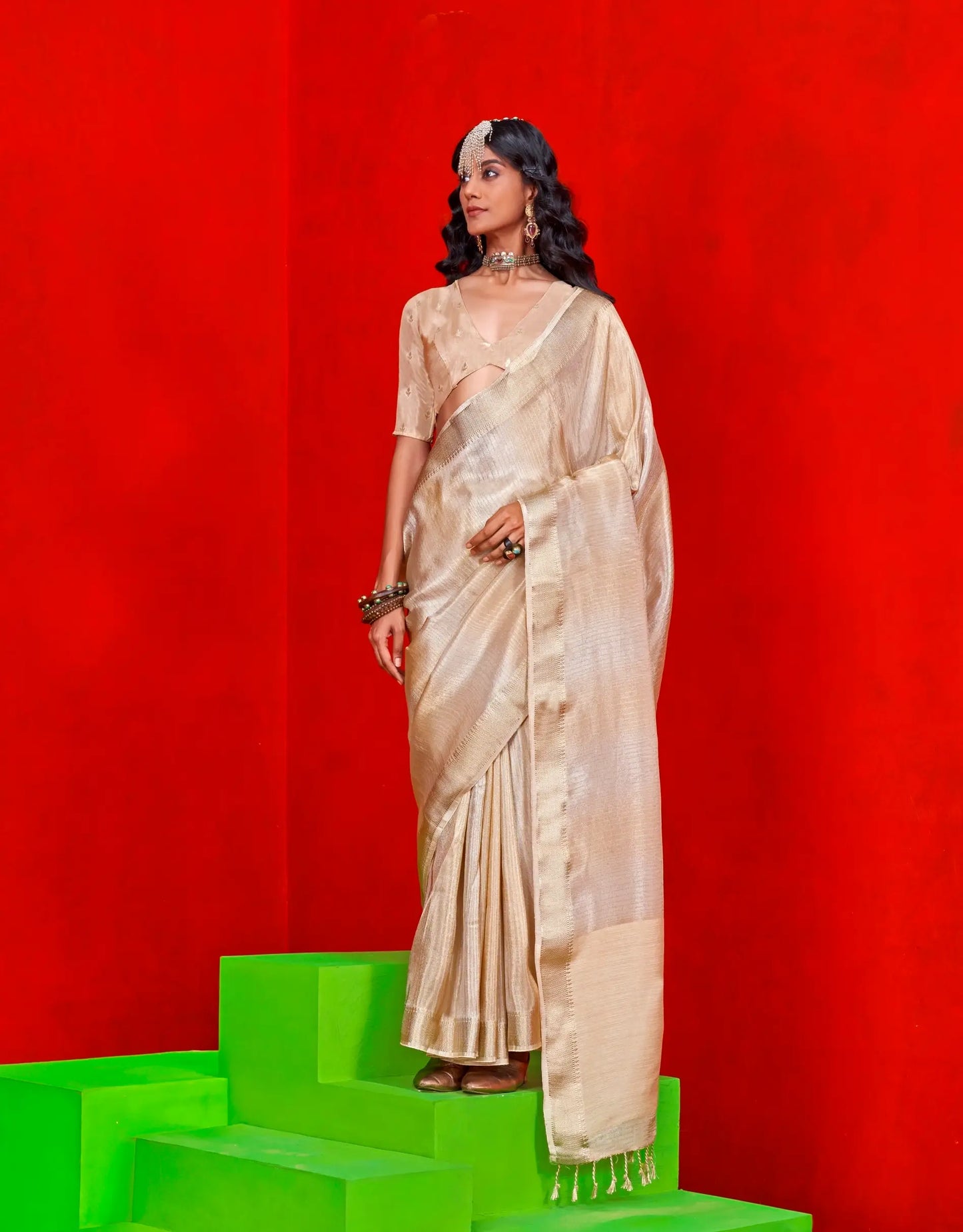 Beige Viscose Tissue Zari Weaving Work Saree
