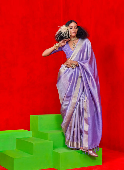 Lavender Viscose Tissue Zari Weaving Work Saree