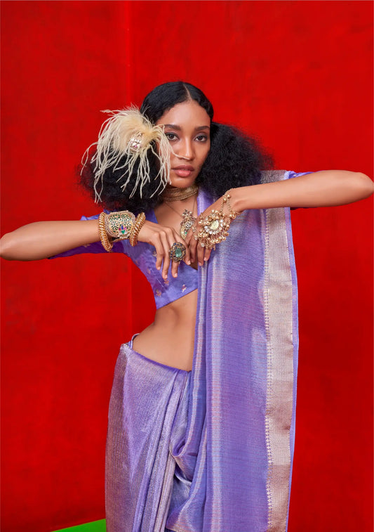 Lavender Viscose Tissue Zari Weaving Work Saree