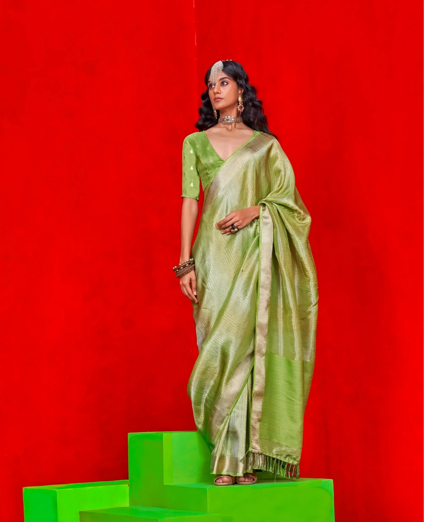 Parrot Green Viscose Tissue Zari Weaving Work Saree