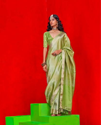 Parrot Green Viscose Tissue Zari Weaving Work Saree