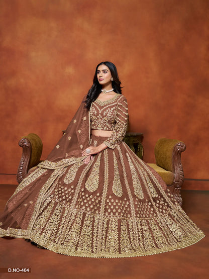 Brown Net Lehenga Choli With Thread & Sequence Embroidery Work