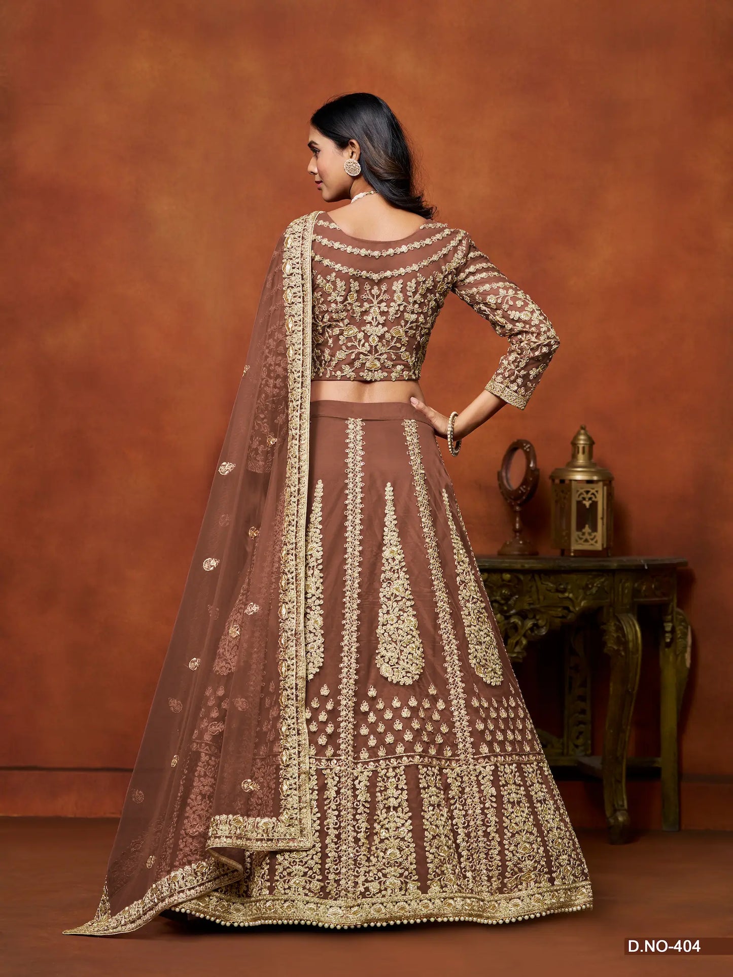 Brown Net Lehenga Choli With Thread & Sequence Embroidery Work