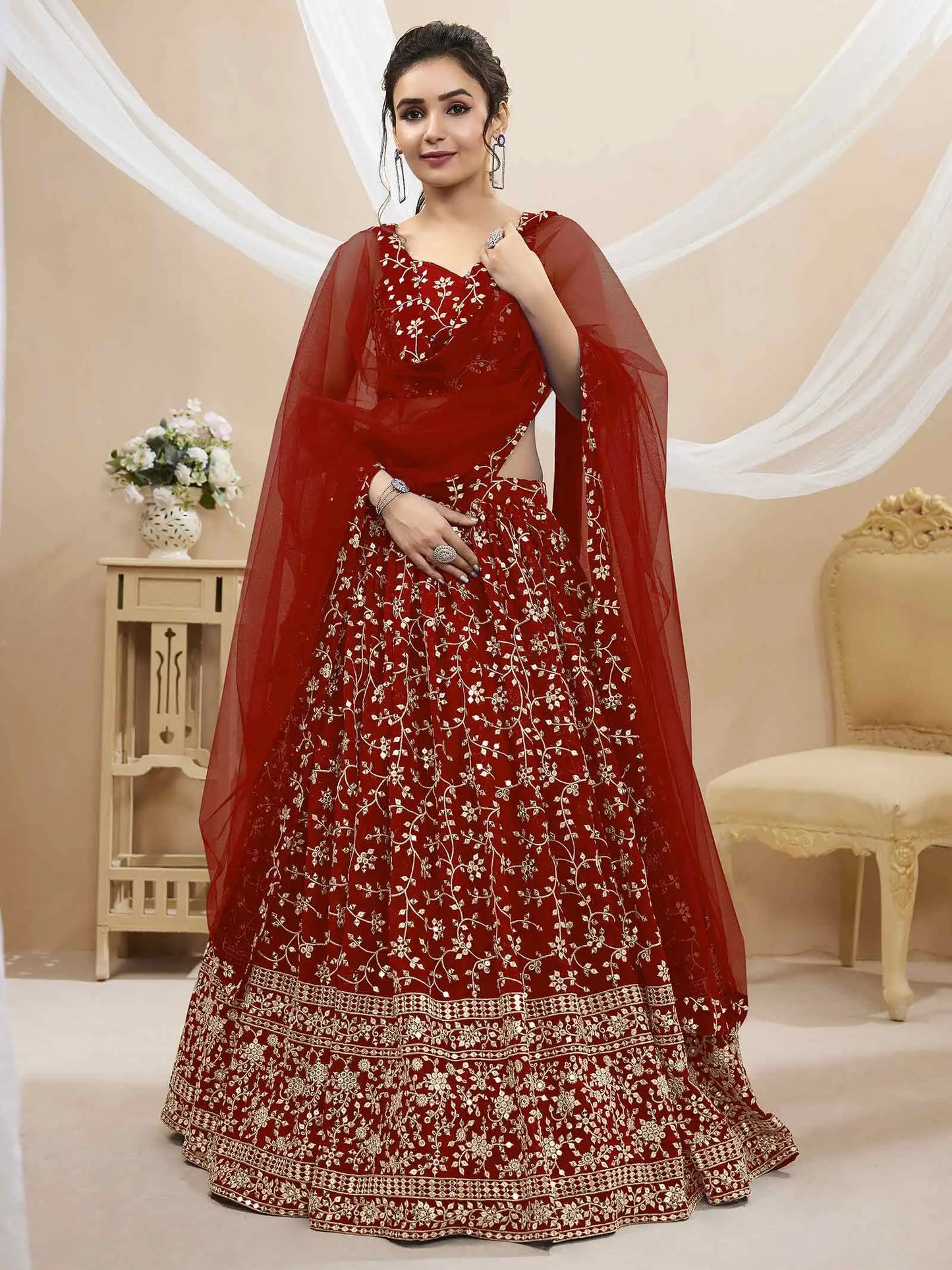 Red Georgette Lehenga With Sequins And Zari Embroidery Work