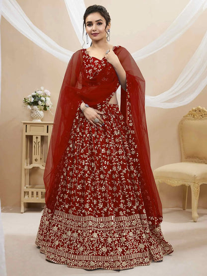 Red Georgette Lehenga With Sequins And Zari Embroidery Work