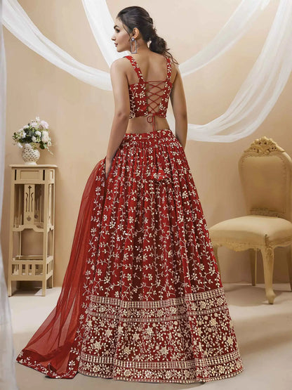Red Georgette Lehenga With Sequins And Zari Embroidery Work